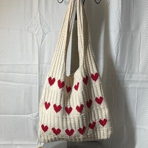 Cream and Red Heart Patterned Knit Tote Bag